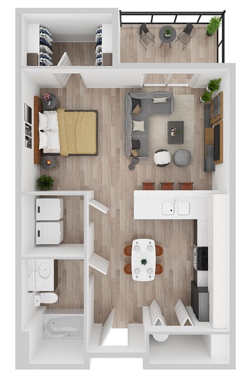 a rendering of the 1 bedroom floor plan with a bathroom and living room